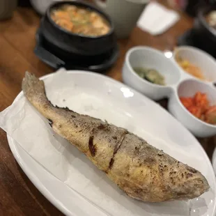 Jogi (yellow corvina)-only eat the white flesh on top half. So tasty. The doengjang stew is worthy to be its own meal.