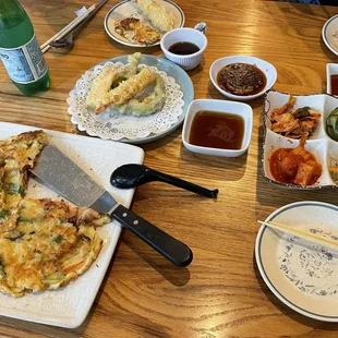 Seafood pancake and tempura appetizers