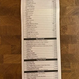 Sushi menu