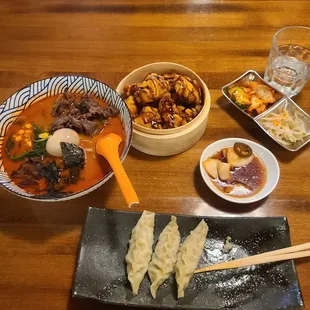 Spicy miso ramen w/bulgogi, gyoza, and chicken kara age. All delicious!