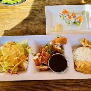 Lunch Bento with Katsu chicken, gyoza, salad, and California roll - delish and only $13