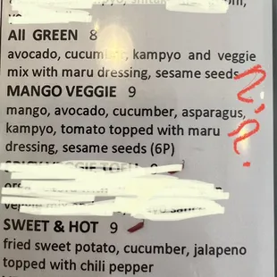 Veggie roll menu