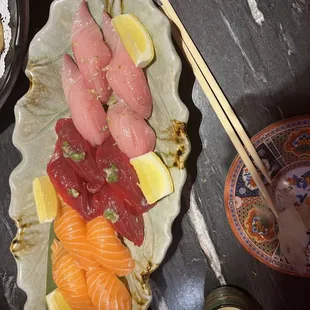 Salmon, yellowtail and tuna sushi. Soooo fresh.