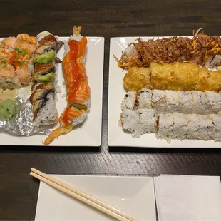 Baked salmon roll, Dragon roll, princess roll, onion roll, spicy tuna tempora roll, and two spicy tuna rolls