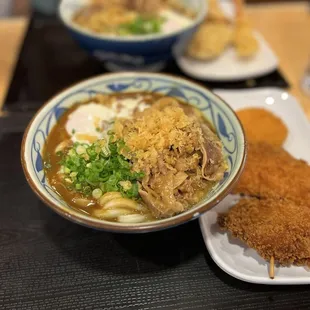 Curry Nikutama with side of Chicken Katsu and Potato Croquette