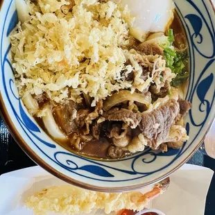 Curry Nikutama and Shrimp tempura