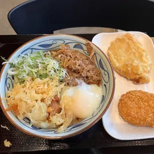 Nikutama with sweet &amp; savory beef, hot spring egg &amp; BK sauce Side dish of  Sweet Potato Tempura &amp; Potato Croquette