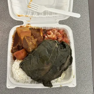 Laulau, beef stew and lomi salmon