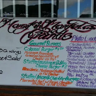 Menu as of 1/10/14. They stopped making sandwiches and replaced them with burgers.