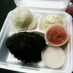 Lau lau plate, lau lau, two scoop rice potato crab salad, lomi salmon and haupia