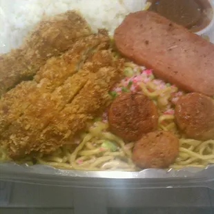 Bento's, two scoop rice, fried noodles, chicken KATSU, spam, portagese sausage and dikon.