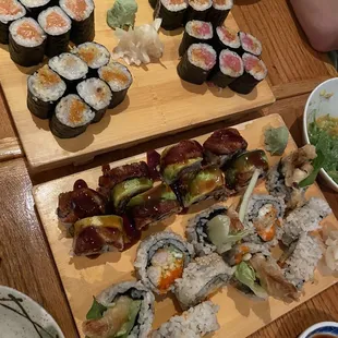 The spread (get the top tray with sashimi rolls!!)