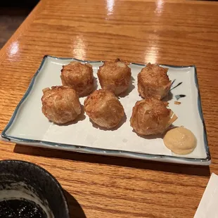 Fried shumai with mustard and dipping sauce, 10/10!