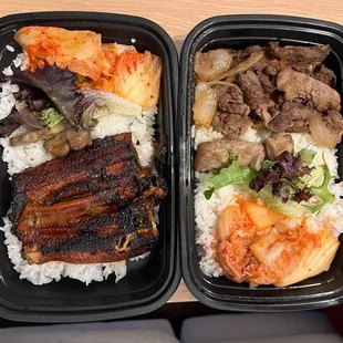 two plastic containers of food on a table