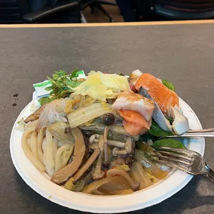 Salmon, udon, Stir-fried Mixed Vegetables
