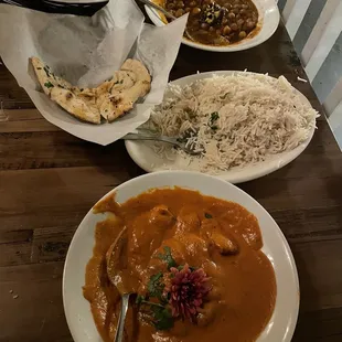 Vegan Tikka Masala, Garlic Naan, Chana Masala