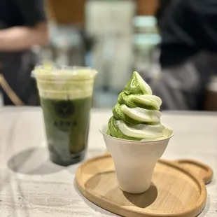 Matcha + Hokkaido Milk Swirl Soft Serve and Matcha Tea with Snow Top