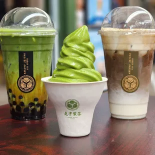 Left to right: matcha latte with Okinawa boba, matcha soft serve, hojicha latte with snow top