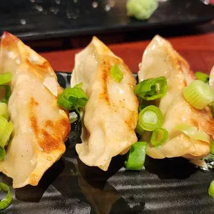 a plate of dumplings with scallions