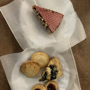 Blueberry scone, thumbprint cookie, snickerdoodle, Russian classic dessert