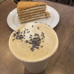 White chocolate lavender latte and spartak &amp; honey cake