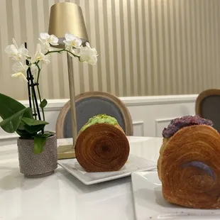 Pistachio &amp; ube spiral croissants