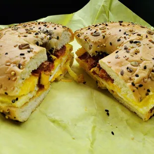 Bacon, Egg, and Cheese breakfast sandwich on Everything Bagel