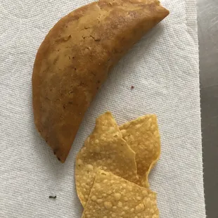 Beef empanada w a few tortilla chips. This is half of what the order was, I ate the other empanada already.