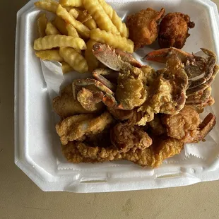 Grouper, shrimp, crab, fries, hush puppies, combo