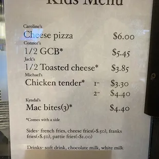 Kid's menu as of August 2022