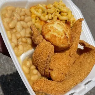Fried Catfish. Mac &amp; Cheese.  Northern Beans.  Cornbread Muffin.