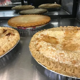 a variety of pies on display