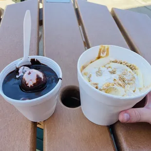 Comparison of a peanut butter sundae vs. a dish of strawberry ice cream