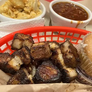 Pork belly burnt ends, Mac n cheese and baked beans