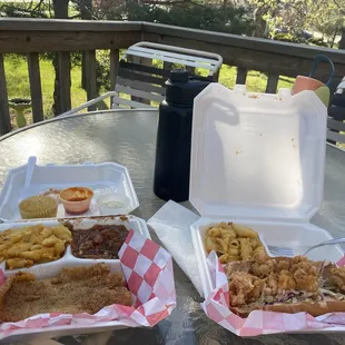 Cat fish fillet with sweet potatoes and mac. Shrimp Po' boy with mac.