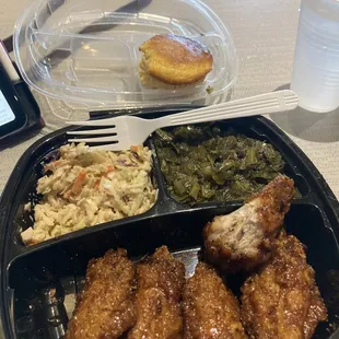 Cajun honey wings, coleslaw, and collard greens. Comes with a corn muffin.