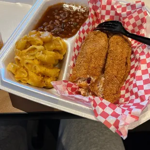 Catfish with Mac and Cheese and Baked Beans