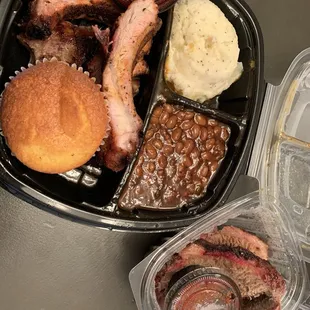 Ribs, mashed potatoes and baked beans, side of brisket
