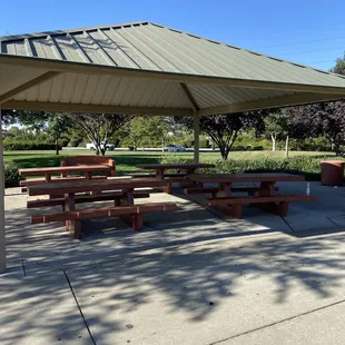 Picnic area is shaded with lots of seating