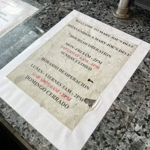 a menu on the counter