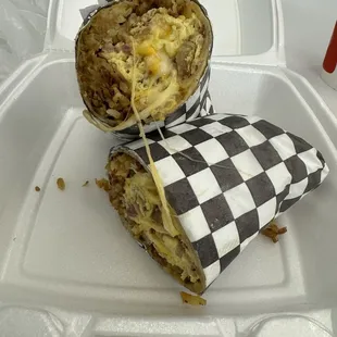 Meat lovers breakfast burrito