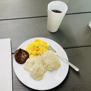 Biscuits and gravy, egg and sausage.