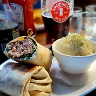 a burrito and mashed potatoes