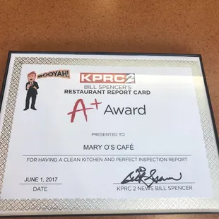 a restaurant award certificate