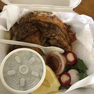 Quesabirria with small cup of consommé.