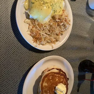 Eggs Benedict and chocolate chip pancakes