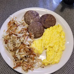 Two eggs scrambled with cheese, sausage, hashbrowns