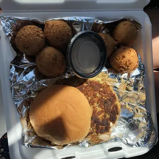 Crab cake sandwich &amp; hushpuppies. The food is so fresh and good! The owners are sweet as well. Highly recommend!