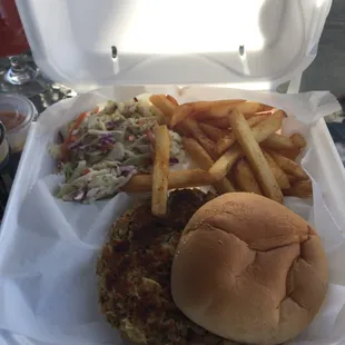 Crabcake sandwich w fries and slaw. Slaw was surprisingly good! Not dry like most places. Ate the cake w/o the bun