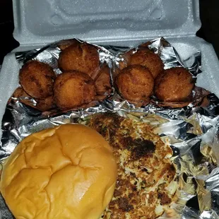 Crab cake and hushpuppies. All crab no filler